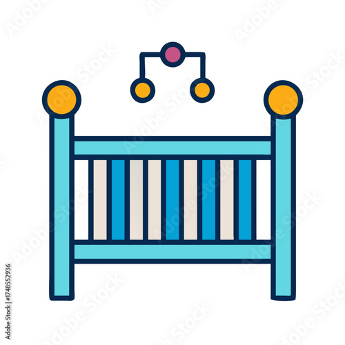 Stylized Baby Crib Illustration with Mobile on Black Background