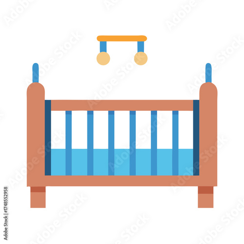 Stylized baby crib with hanging mobile on black background