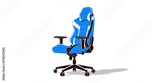 Blue and White Gaming Chair with Adjustable Armrests and Lumbar Support.