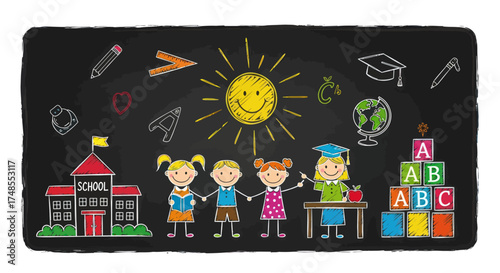 Colorful Chalkboard Illustration of Happy Children at School.