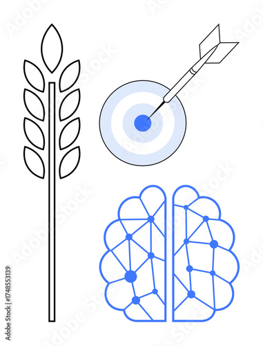 Wheat stem, target with arrow, and neural network brain symbolize agriculture, precision, AI-driven innovation. Ideal for technology, sustainability, science, farming machine learning precision