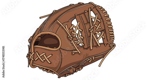 Classic Brown Leather Baseball Catchers Mitt with Intricate Lacing.