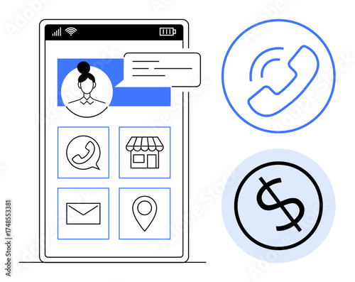 Smartphone app interface with messaging, call, map, email, and store icons. Includes user avatar and financial transaction concept. Ideal for contact, finance, messaging navigation e-commerce