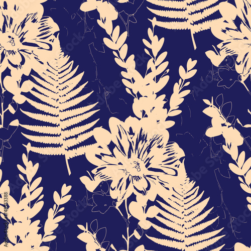 Seamless floral pattern, classic flower ornament, abstract ditsy print in vintage motif. Elegant botanical design of beautiful large wild flowers, leaves, small branches, herbs. Vector illustration.