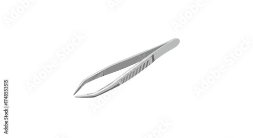 Angled Stainless Steel Tweezers Isolated on White Background.