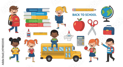 Back to School Illustration with Children School Bus Books Apple Globe and Supplies.