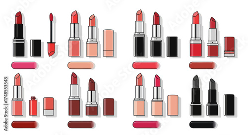 Assortment of Various Lipstick Shades and Tubes.