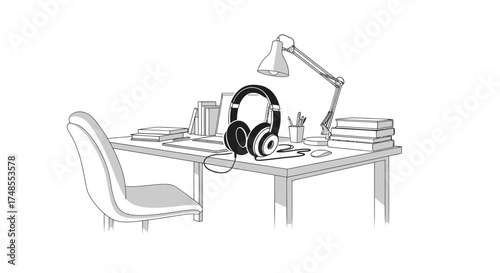 A minimalist sketch of a desk with headphones books and a lamp.