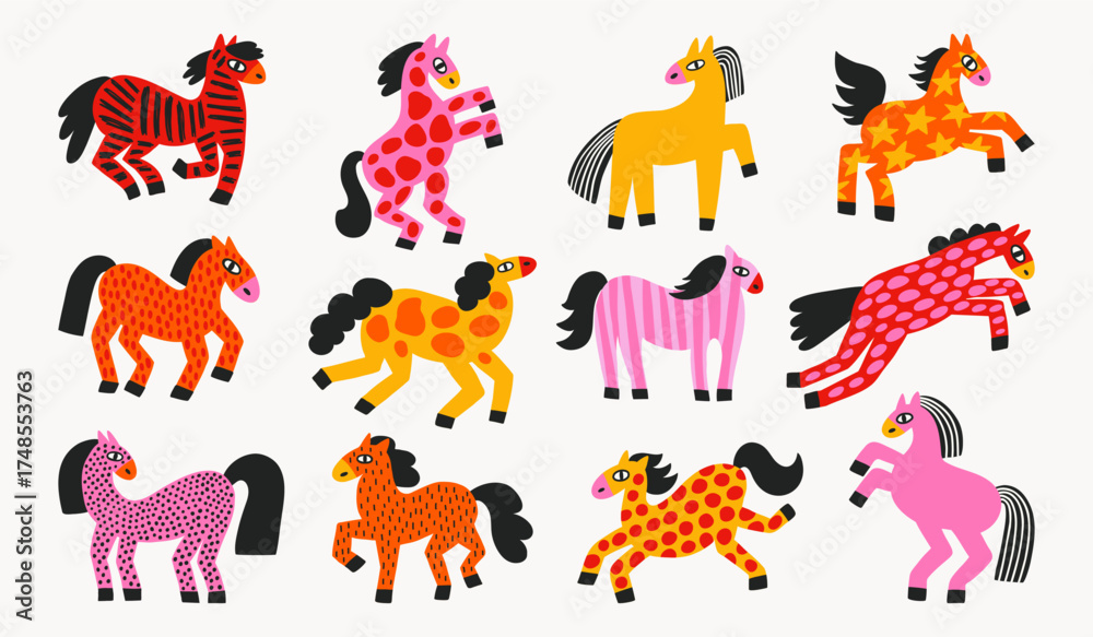 Fototapeta premium Set of colorful naive horses in flat vector style. Modern folk and minimalist art style for creative projects, posters, nursery prints, textile, and cards.