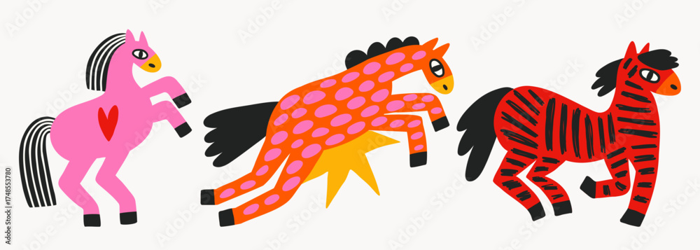Fototapeta premium Set of colorful naive horses in flat vector style. Modern folk and minimalist art style for creative projects, posters, nursery prints, textile, and cards.