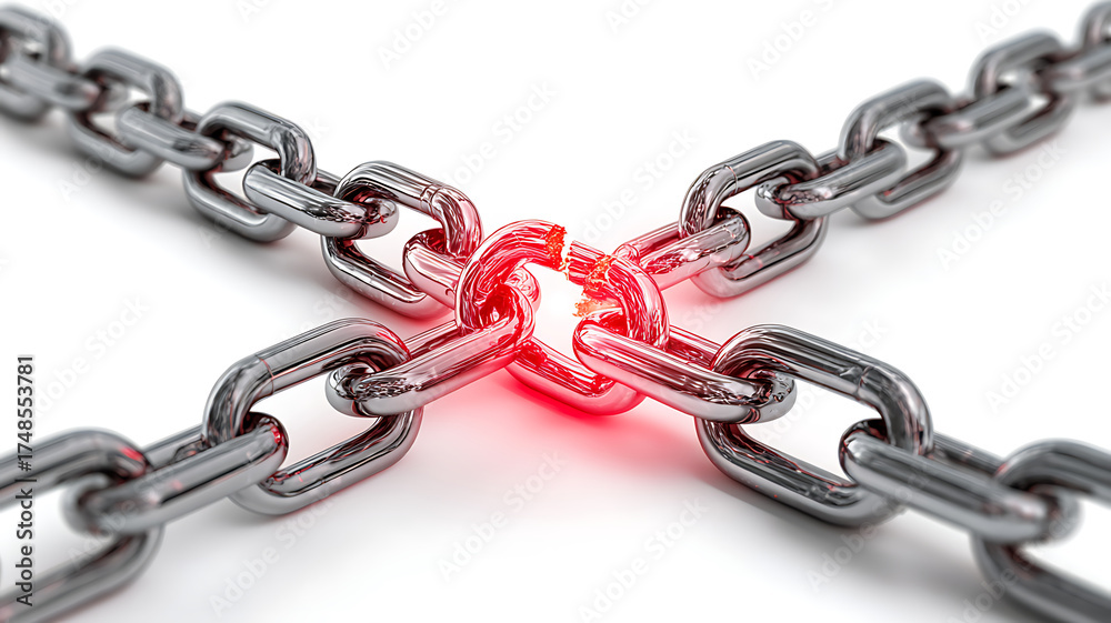 Fototapeta premium A damaged metal chain link with red glow highlights vulnerability, weakness and the point of failure.