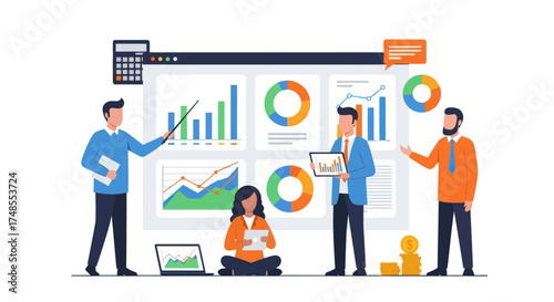 Business Team Analyzing Financial Data Charts and Graphs on a Large Screen.