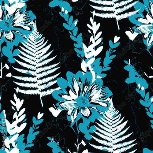 Seamless floral pattern, classic flower ornament, abstract ditsy print in vintage motif. Elegant botanical design of beautiful large wild flowers, leaves, small branches, herbs. Vector illustration.