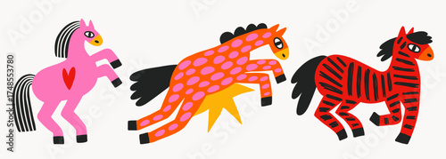 Set of colorful naive horses in flat vector style. Modern folk and minimalist art style for creative projects, posters, nursery prints, textile, and cards.