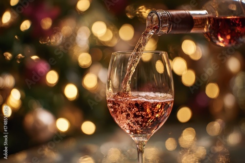 Rosé Poured: a close-up shot features rosé being poured into a glass, captured against a backdrop of soft, glowing lights. evoking a sense of celebration and indulgence.