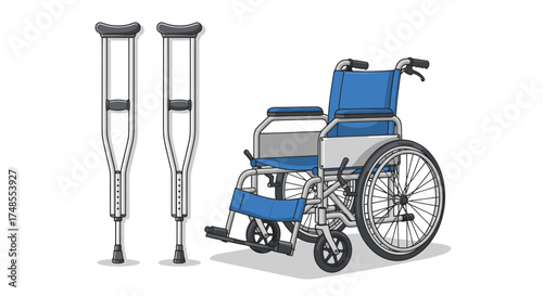 Crutches and Wheelchair: Mobility Aids for Injury and Disability Support.