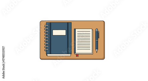 Leather-bound planner with notebook and pen organized for business.