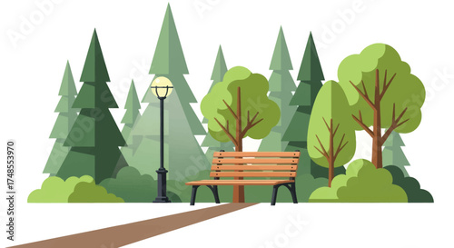 Peaceful Park Scene with Wooden Bench Lamppost and Diverse Green Trees.