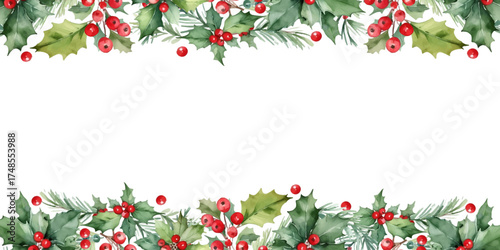 Watercolor New Year frame with poinsettia. Christmas tree, red berries. Horizontal vector divider, headers, invitations, perfect for seasonal design. Vector