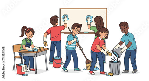 Group of Children Cleaning Classroom Together Volunteering.