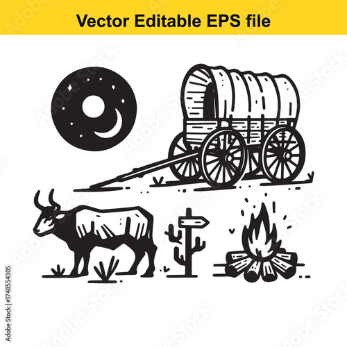 Vector art of black and white illustration depicting a western scene with a covered wagon, bull, campfire, and moon