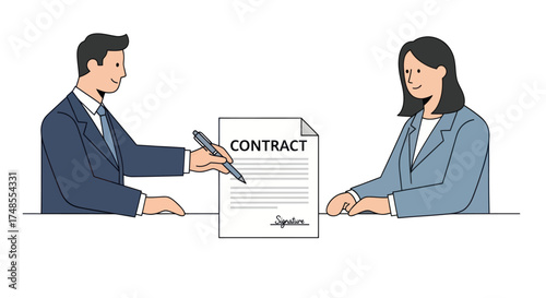 Business Agreement: Man Signing Contract with Woman Present Formal Attire.