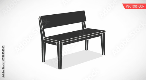 Simple Black Wooden Bench with Backrest and Four Legs.
