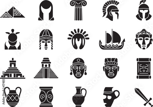 A collection of ancient civilization icons illustrating cultural symbols and historical elements