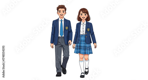 Two students in school uniforms a boy and a girl walking forward.