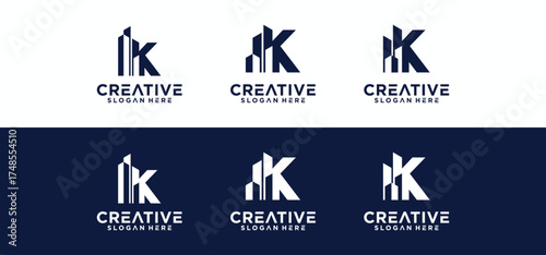 Home and building repair logo design template with a combination of the initials K, the K logo is in the shape of a building.