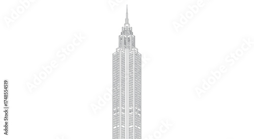 Skyscraper Silhouette: Tall Building with Spire and Art Deco Design.