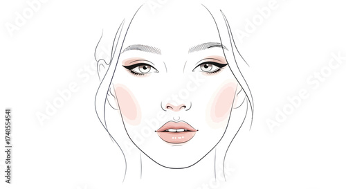 Womans Face Illustration with Makeup: Eyeshadow Eyeliner Blush and Lipstick.