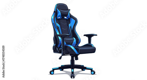 Modern Black and Blue Ergonomic Gaming Chair with Adjustable Features.