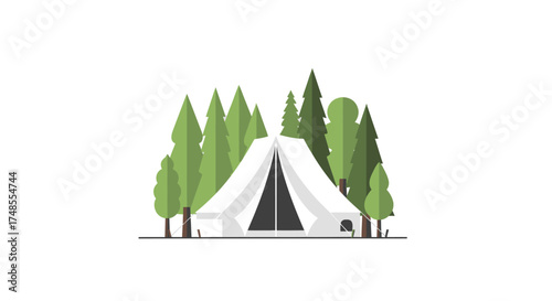 A white canvas tent set up in a dense forest clearing.