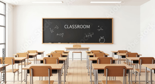 Bright Classroom Interior with Desks Chairs and Blackboard.
