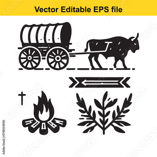 Vector art of old west illustration featuring a bull pulling a covered wagon, a campfire, a cross, and foliage