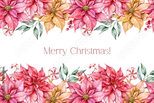Wallpaper Mural Hand Drawn Watercolor Christmas Card Template. Christmas Frame with Poinsettia and foliage. Christmas Watercolor. Winter greenery. Christmas frame for greeting cards, decoration Torontodigital.ca