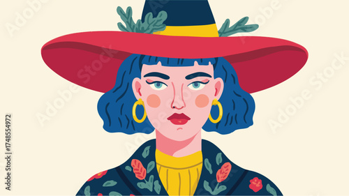 Halloween witch illustration with hat and floral details in colorful artistic style