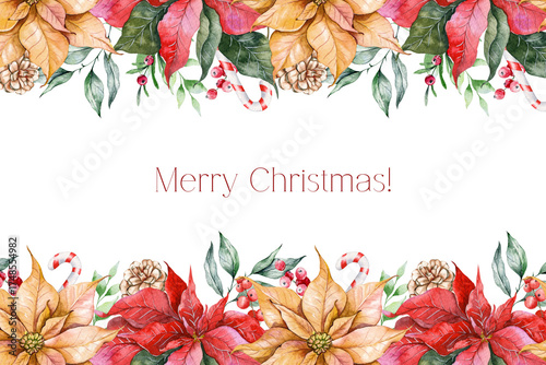Wallpaper Mural Hand Drawn Watercolor Christmas Card Template. Christmas Frame with Poinsettia and foliage. Christmas Watercolor. Winter greenery. Christmas frame for greeting cards, decoration Torontodigital.ca