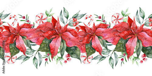 Wallpaper Mural Hand Drawn Watercolor Christmas Border. Christmas Seamless Border with Poinsettia and foliage. Christmas Watercolor. Winter greenery. Christmas border for greeting cards, decoration Torontodigital.ca