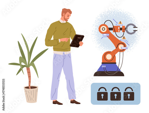 Male engineer using tablet to operate robotic arm in automated setting, alongside cybersecurity lock icons and indoor plant. Ideal for technology, innovation, data safety, robotics, IoT, engineering