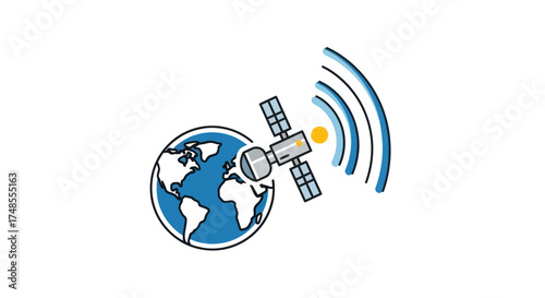 Satellite orbiting Earth transmitting signals wirelessly across the globe.