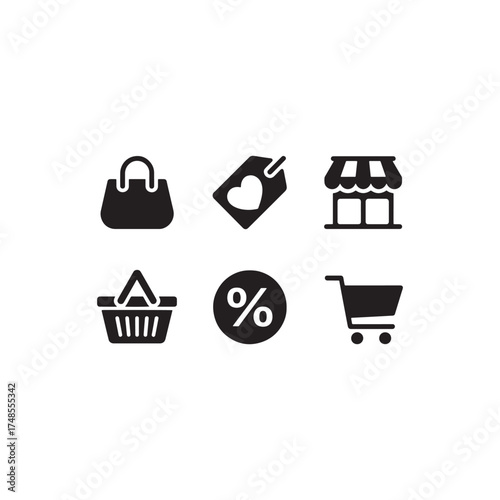 Set of shopping and discount line icons including store, cart, bag, percent tag, open sign, basket, sale label, and purchase symbols for ecommerce, retail 