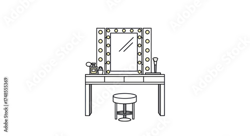 Vanity table with illuminated mirror and stool outlined drawing.