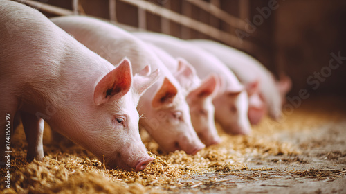 Hungry pigs eat their food. Pig butts and tails. Agriculture and farming business.