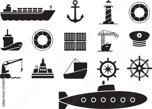 Collection of black and white maritime icons representing boats ships and marine elements