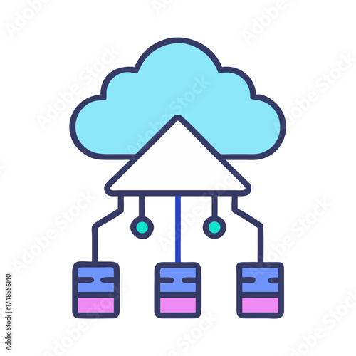 Colorful cloud computing graphic depicting data flow to multiple server databases
