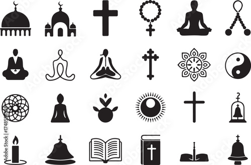 Collection of black and white religious symbols representing diverse belief systems and practices