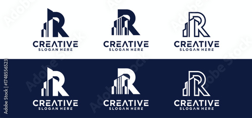 Home and building repair logo design template with a combination of the initials R, the R logo is in the shape of a building.