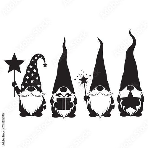 Christmas Gnomes or Dwarfs Silhouettes Vector Set. Holiday Elves with Gifts, Star, and Magic Wand Graphic.